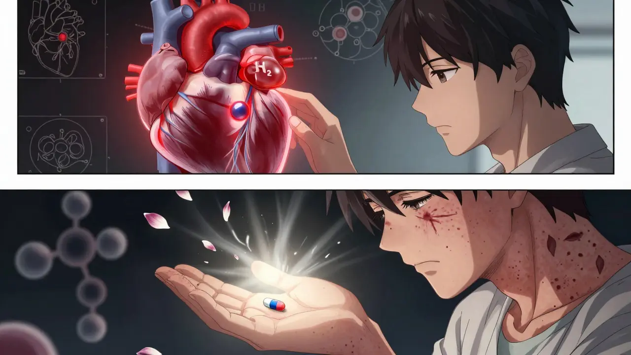 Medical illustration of heart tissue calming with H2 blocker and skin hives dissolving into petals from H1 blocker, molecular details visible.