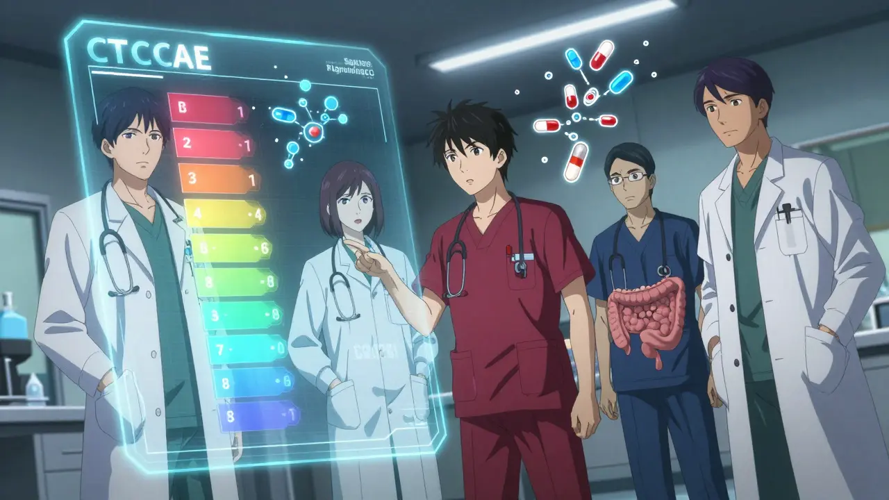 Medical team reviewing a holographic grading chart for immune-related adverse events.