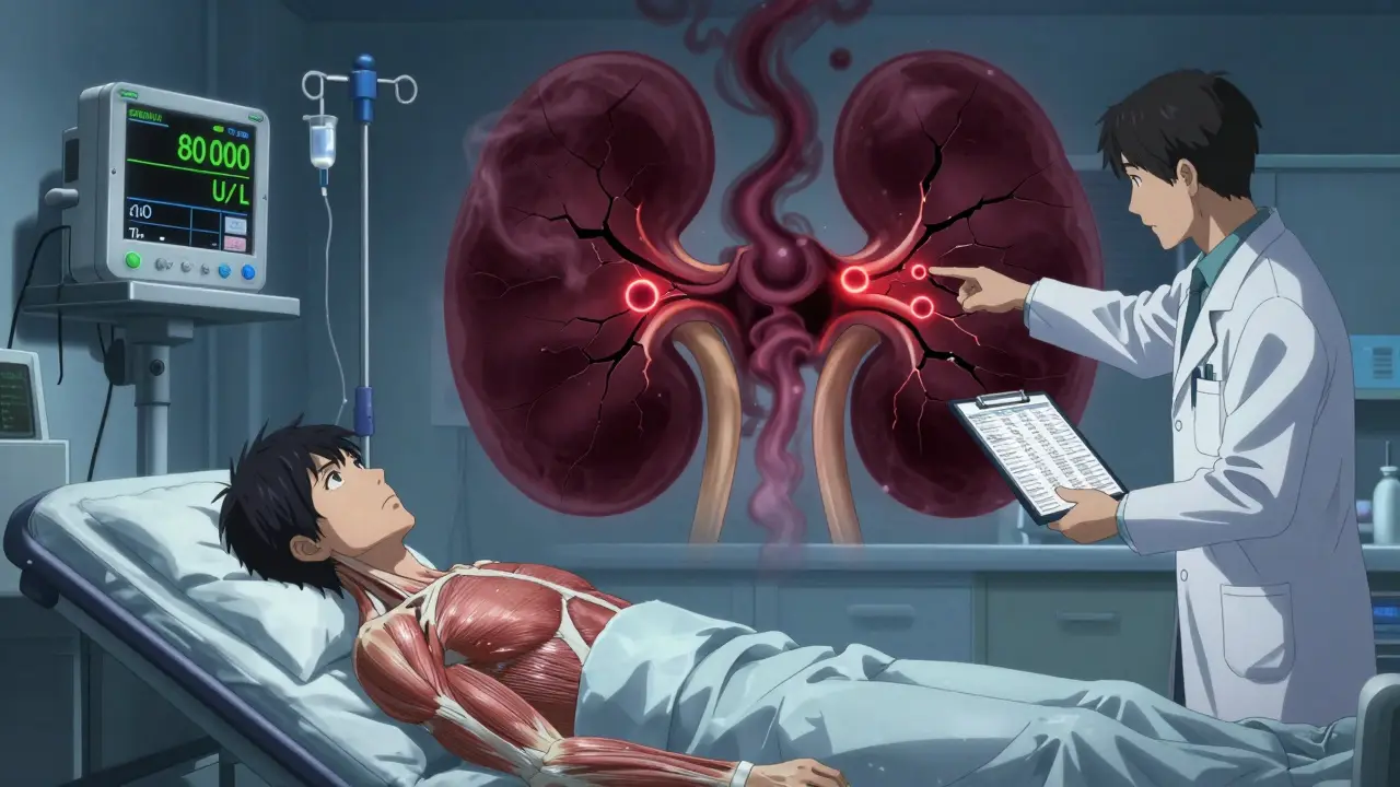 Patient in ER with high CK levels, doctors reviewing drug interactions, myoglobin smoke rising from muscles.