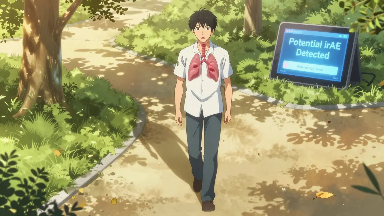 Patient in park with shadow showing lingering immune activity and AI alert on tablet.