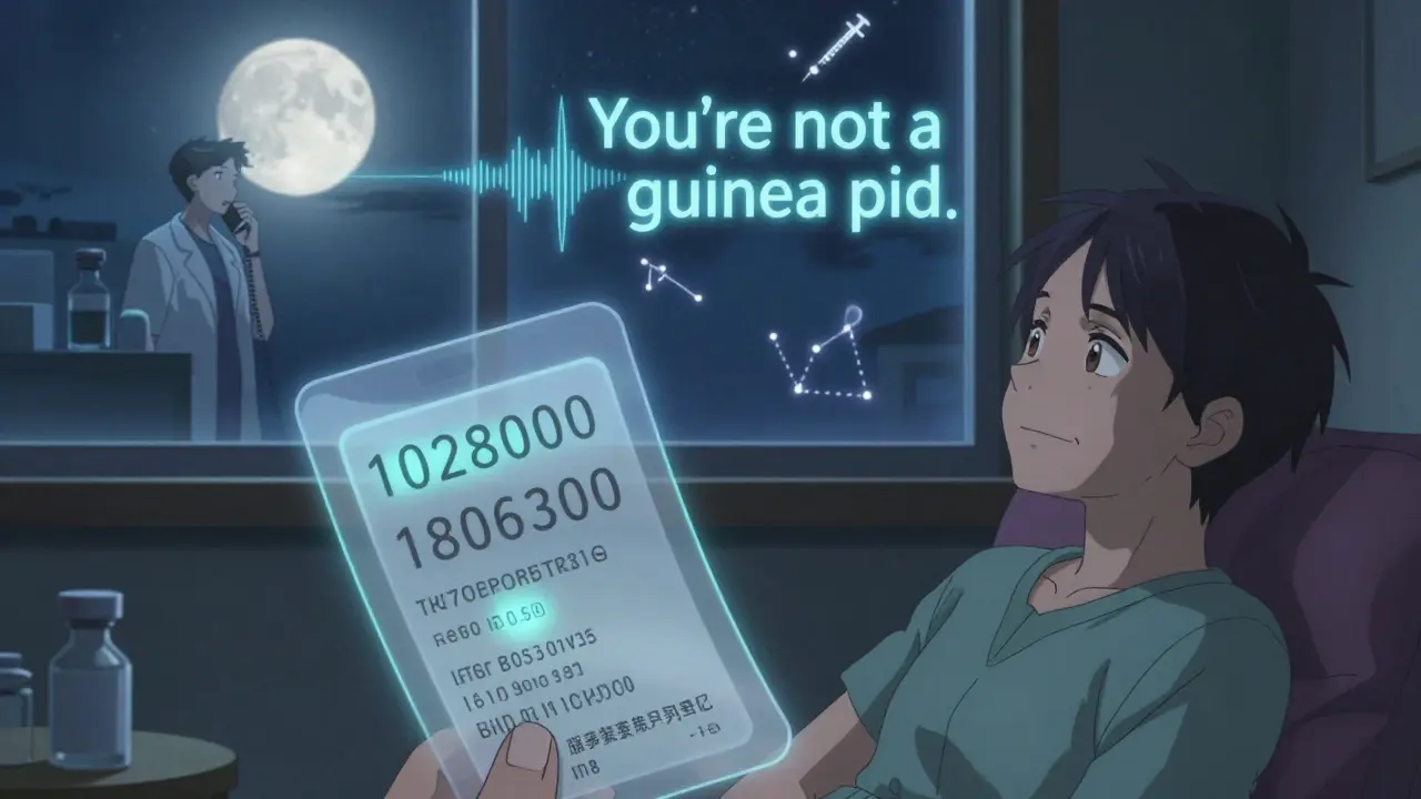 Patient receiving biosimilar injection at home with visible batch traceability code.