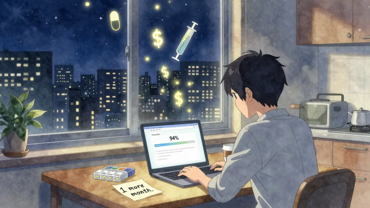 Person checking insurance progress at night with pill organizer and laptop showing out-of-pocket bar.