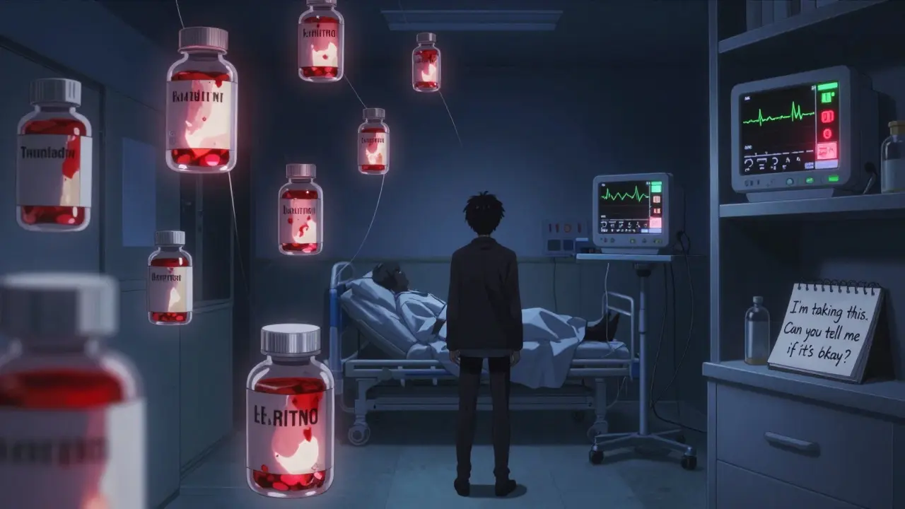 Person in front of medicine cabinet at night, supplement bottles connected by light threads to a hospital bed.