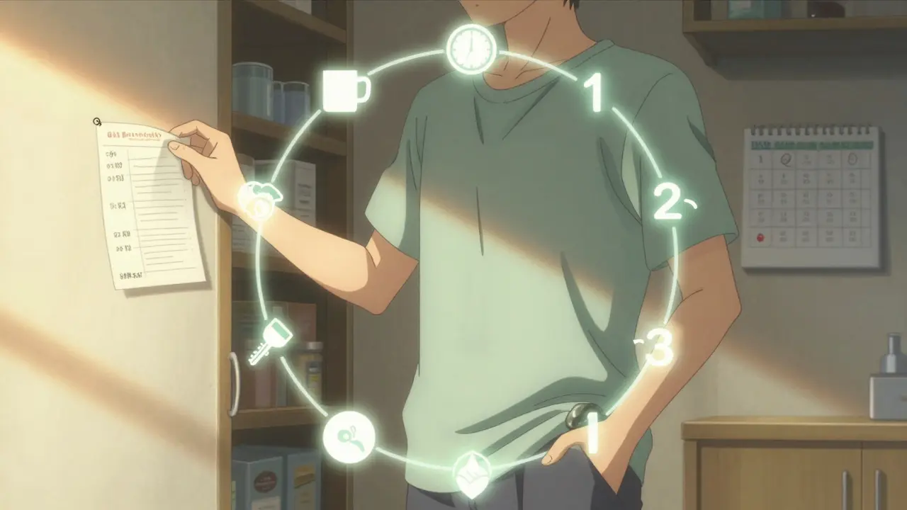 Person touching grounding stone while holding medication list, glowing sensory icons surround them in sunlit room.