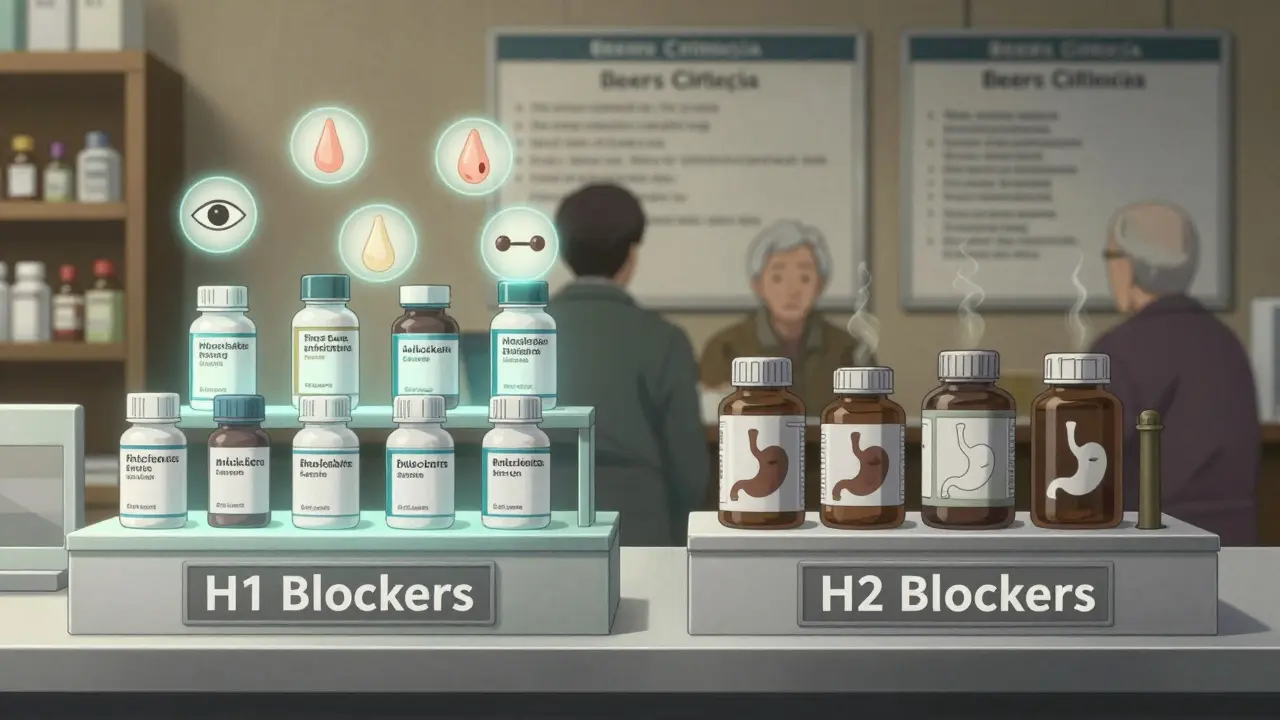 Pharmacist counter with two labeled shelves: H1 blockers for allergies and H2 blockers for acid, with symbolic icons and elderly patients in background.
