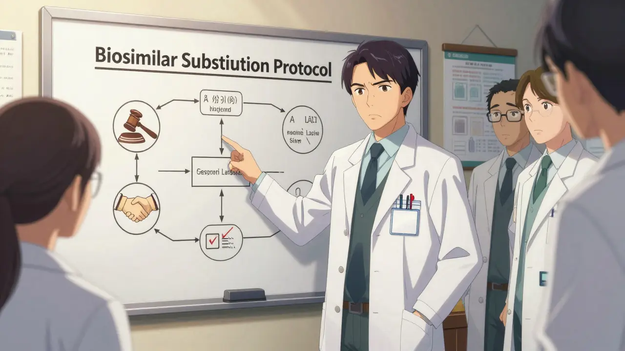 Pharmacist explaining biosimilar substitution protocol to doctors at a clinic whiteboard.