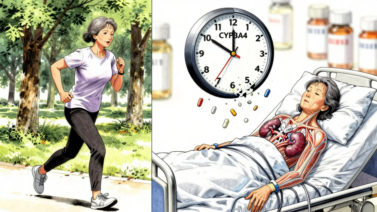 Split image of healthy woman versus hospitalized version, translucent muscles and clogged kidneys, pills falling like rain.