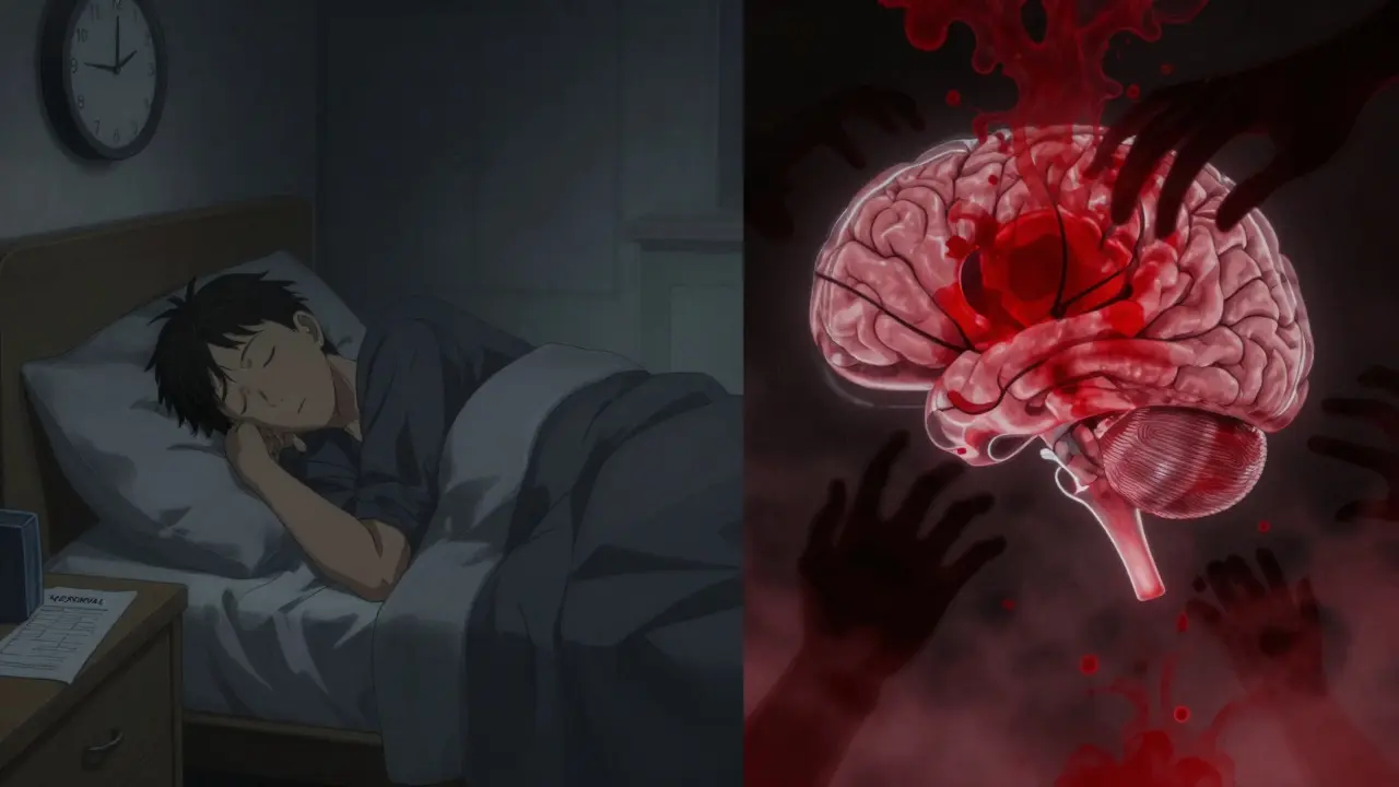 Split image: sleeping man with normal CT scan vs. brain slowly bleeding in surreal x-ray, clock ticking backward, crimson clot spreading.