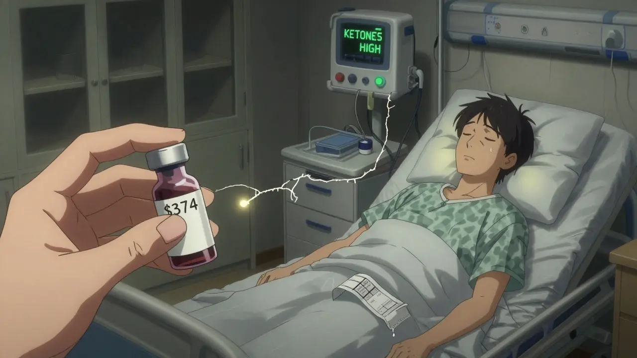 Split scene: person rationing expensive insulin at home vs. same person in ICU with ketone alert, symbolizing preventable diabetes crisis.