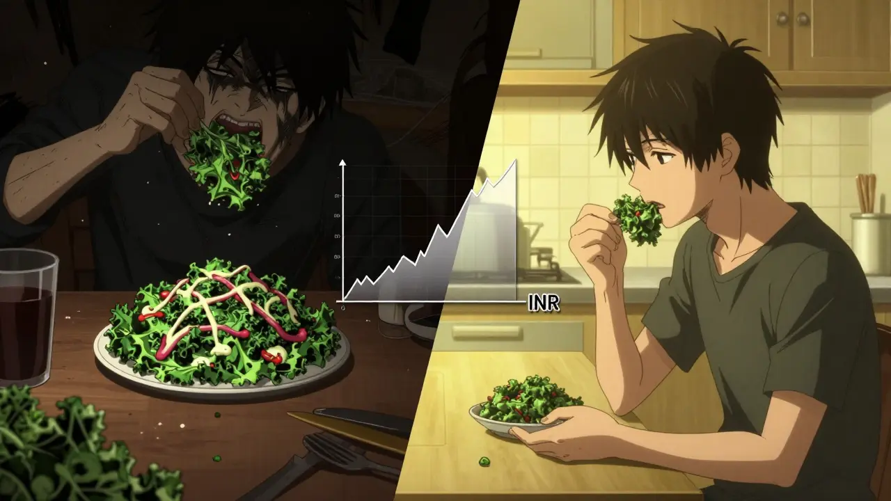 Split scene showing dangerous kale binge versus steady intake, with INR graph contrasting risk levels.