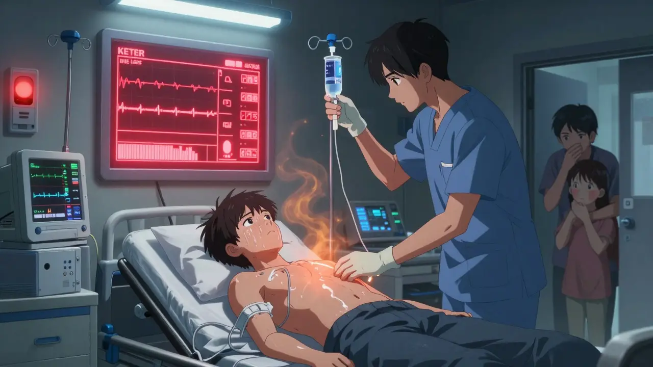 Teen in hospital ER receiving IV fluids and insulin, monitors flashing, family member watching in horror, medical equipment glowing in dim light.