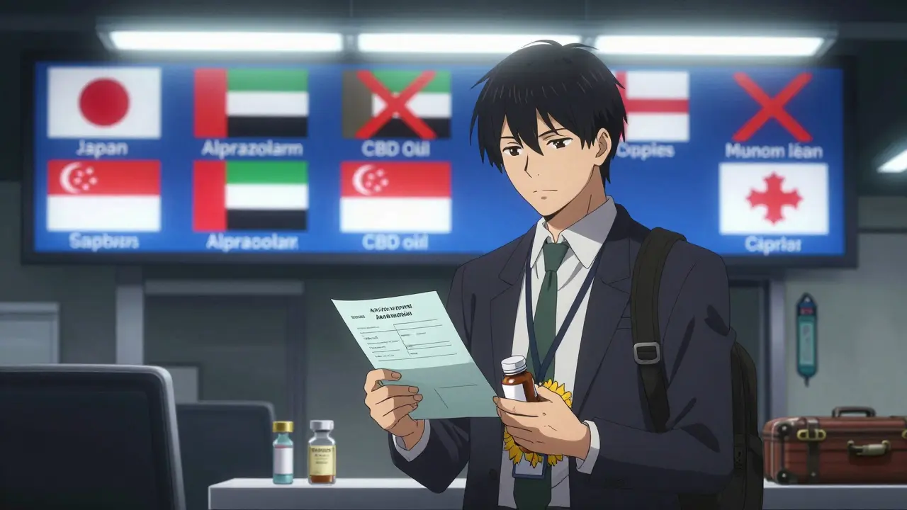 Traveler at foreign customs with doctor’s letter, digital screen showing banned medications and countries.