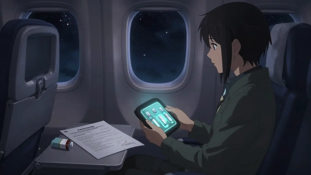 Traveler on plane holding insulin cooling wallet, doctor’s letter open on tray table, backup meds under seat.