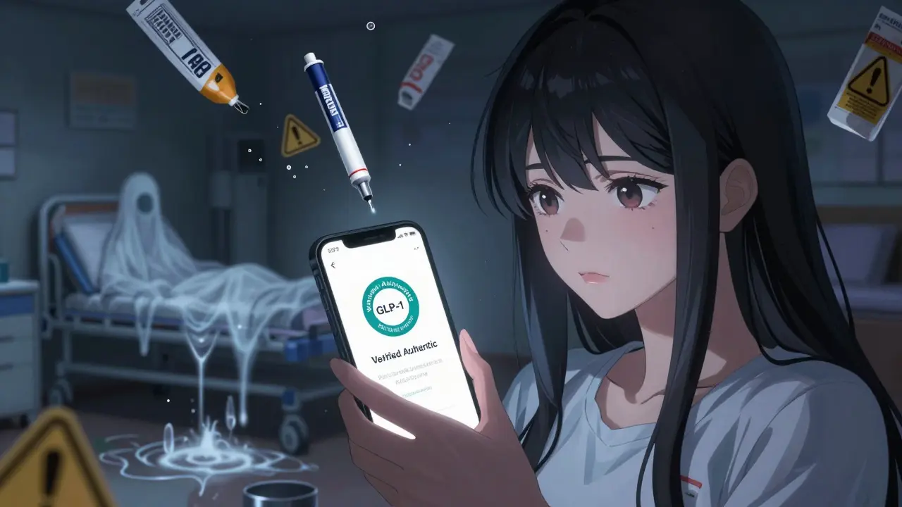 Woman holding a fake Ozempic pen in her bedroom, glowing phone screen and toxic liquid dripping.