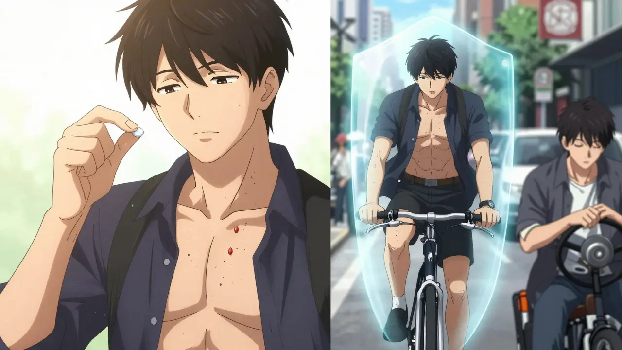 A calm person takes fexofenadine under morning light while riding a bike unbothered by hives, contrasted with a drowsy driver holding Benadryl.