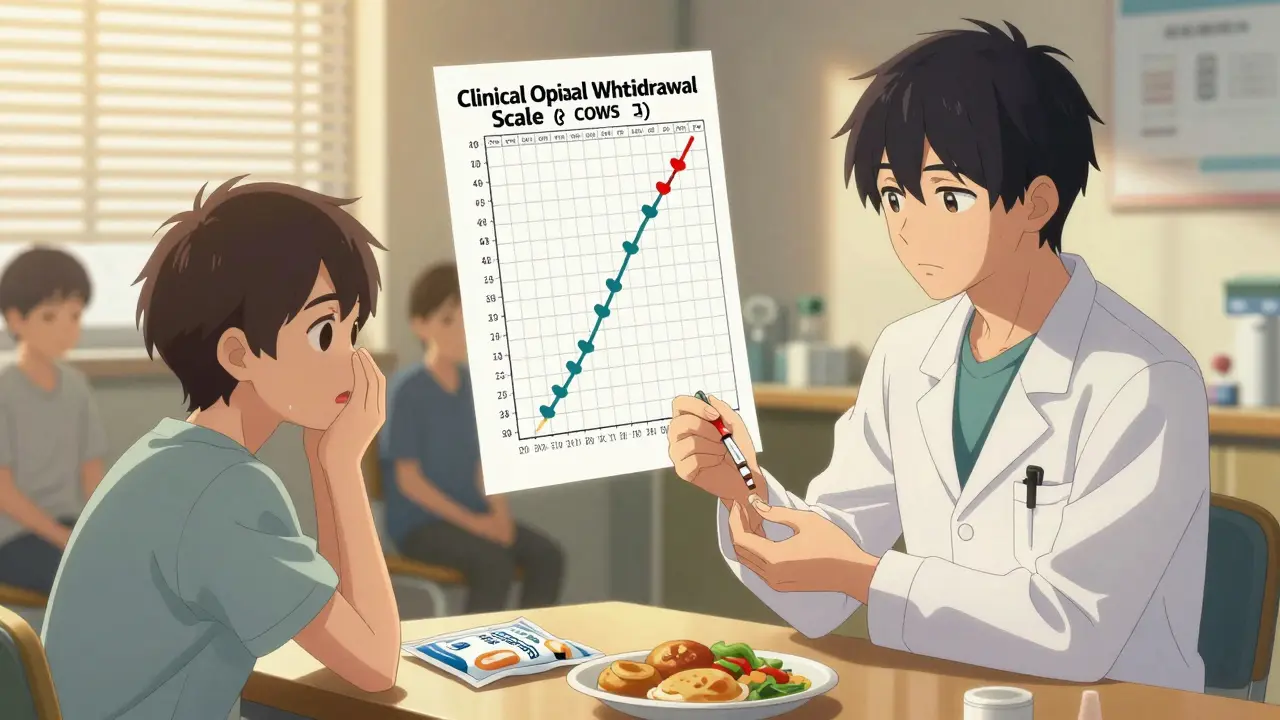 A doctor giving buprenorphine to a patient in a clinic, with a floating COWS chart showing symptom reduction and rehydration supplies on the table.