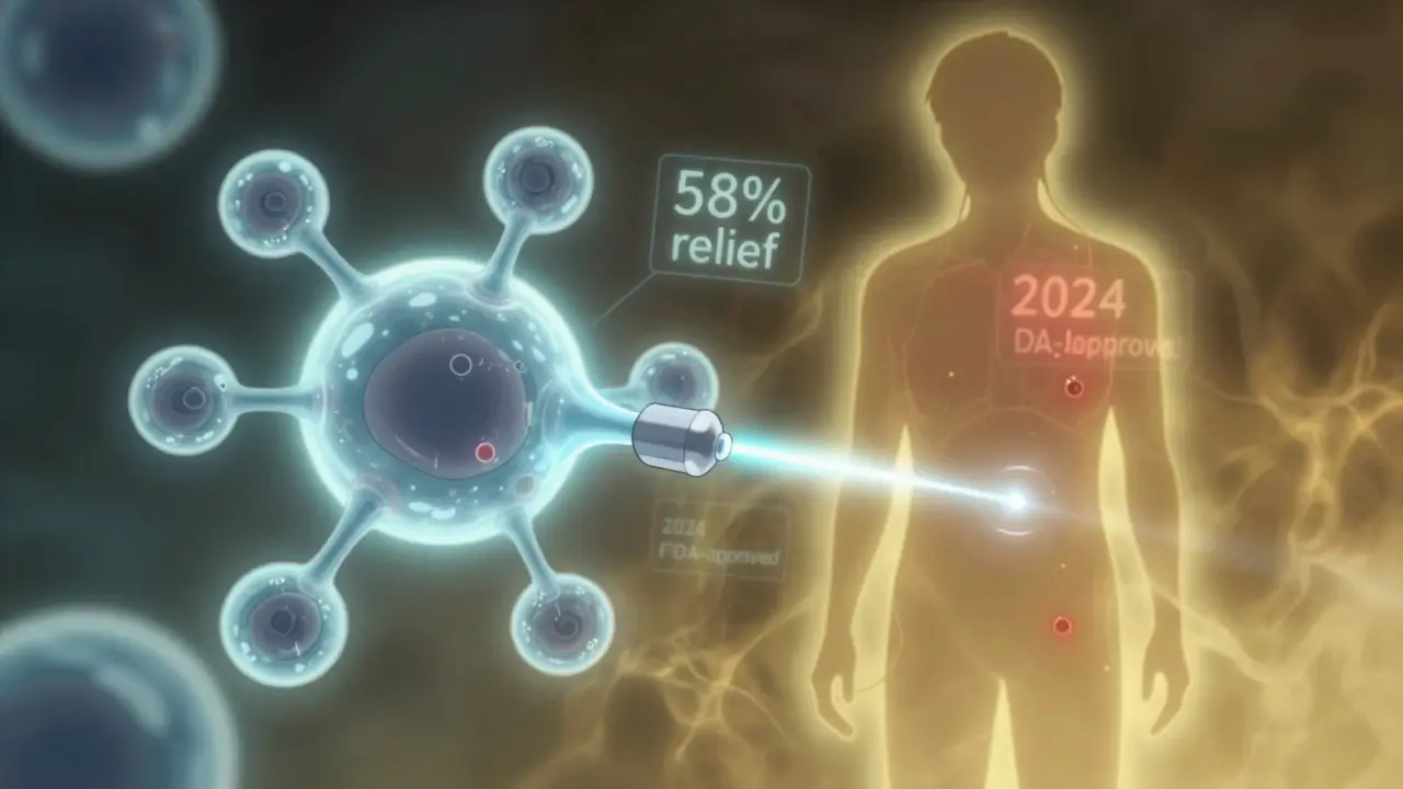 A glowing biologic molecule targets an IgE antibody as hives vanish from a patient’s silhouette, with floating data symbols indicating 58% relief.