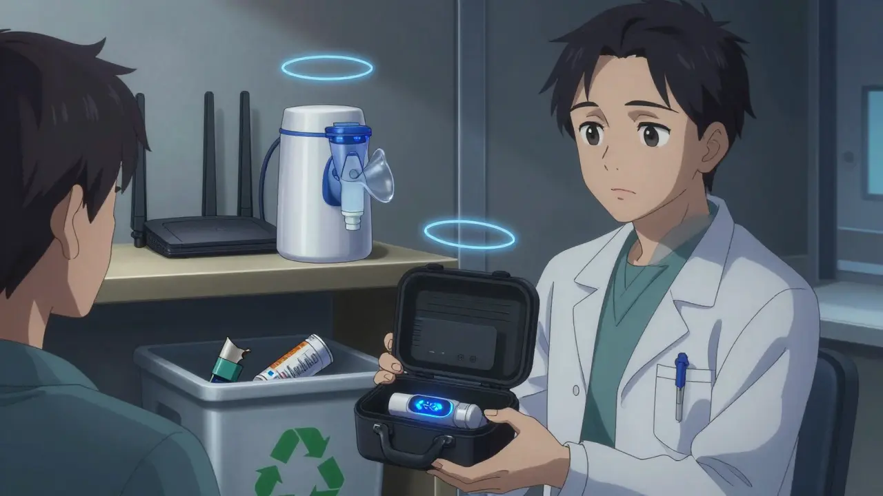 A patient receiving a temperature-monitored travel case from a healthcare worker, a nebulizer safely placed away from electronics, an expired inhaler in a pharmacy take-back bin.