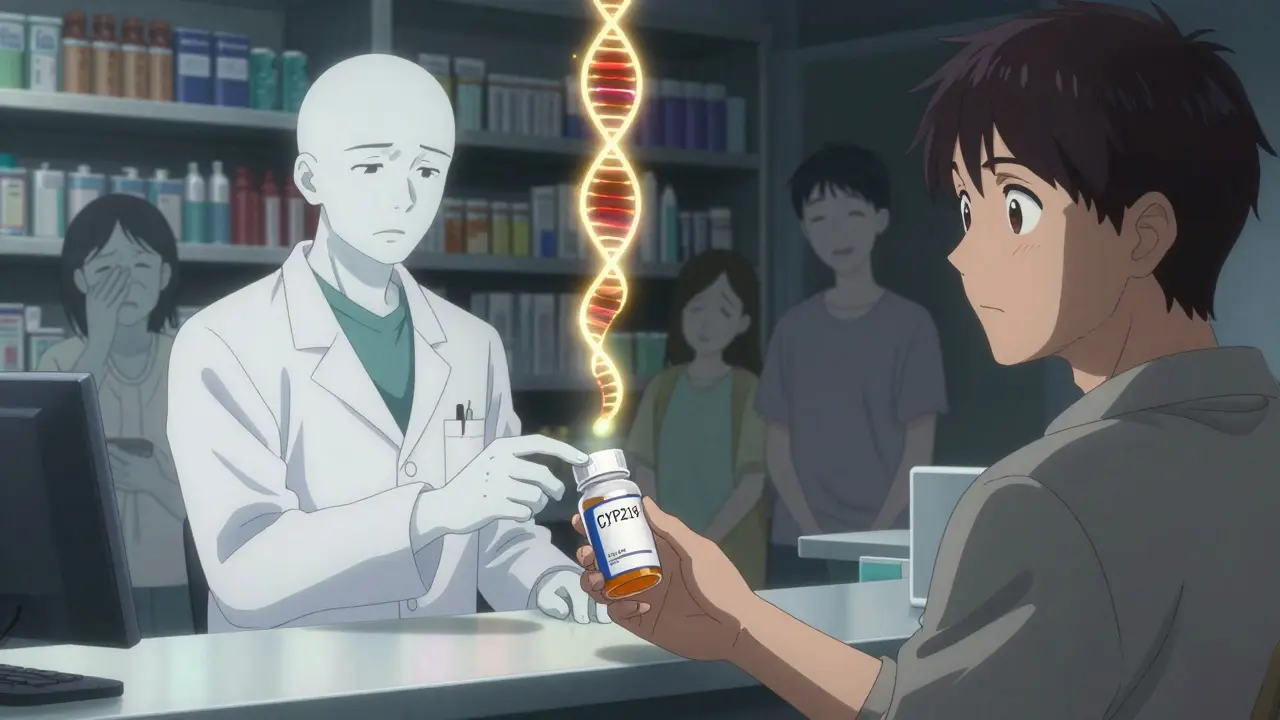 A pharmacist handing a generic pill to a patient while genetic variants glow above the bottle, with ghostly family members reacting differently.