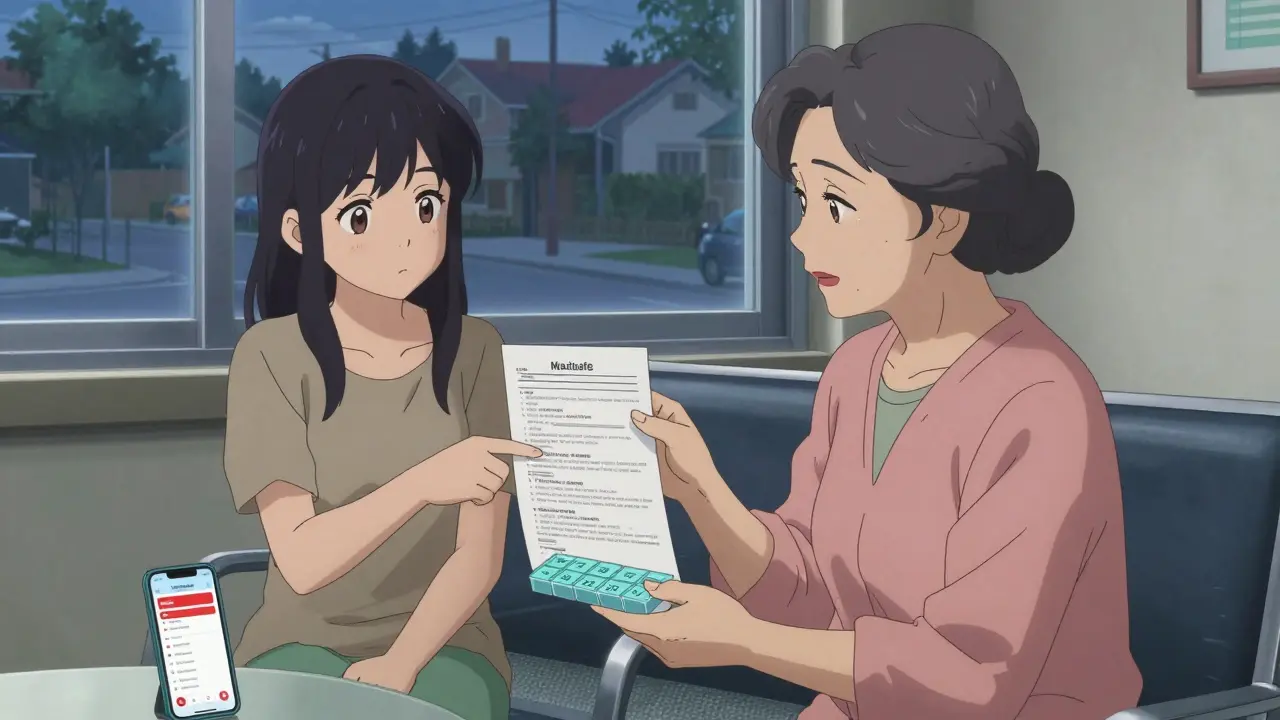 A senior woman and her daughter reviewing a medication list and pill organizer in a clinic waiting room, with a smartphone showing a medication app.