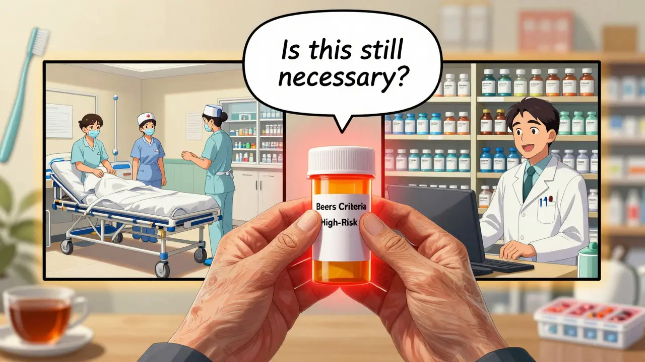 An elderly man holding a high-risk medication bottle with a glowing warning aura, visualizing two possible outcomes: hospitalization or safe medication management.