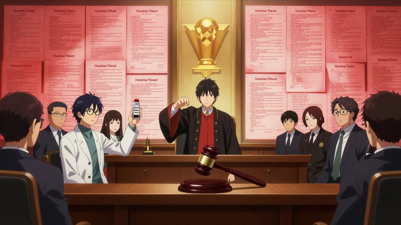 Courtroom battle between generic drug developer and patent thickets, with 180-day exclusivity prize glowing.