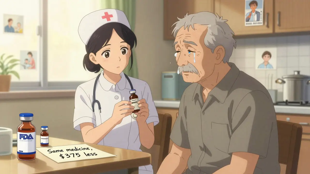 Elderly patient crying softly beside insulin vials as a nurse points to the generic label on a kitchen table.