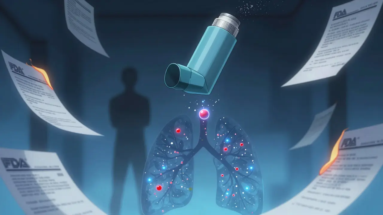 Inhaler releasing uneven aerosol particles that miss a lung silhouette, surrounded by burning FDA rejection letters.