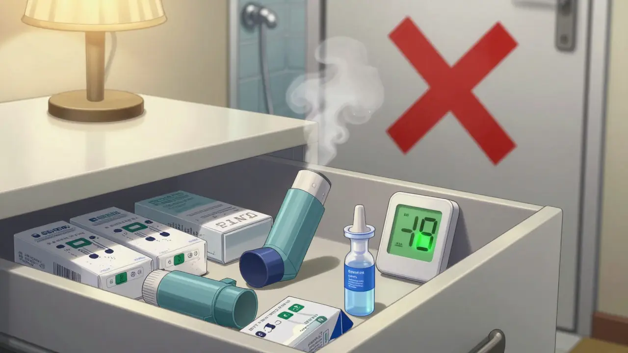Inhalers stored safely in a bedroom drawer beside a temperature monitor, with a steamy bathroom door marked by a red X in the background.