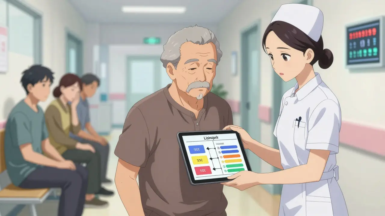 Nurse showing a patient a visual chart comparing two blood pressure medications on a tablet.