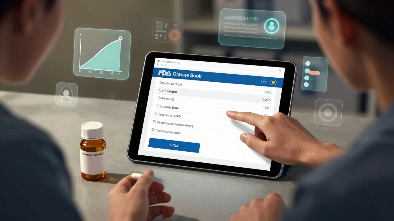 Nurse showing a patient the FDA Orange Book rating on a tablet during a medication consultation.