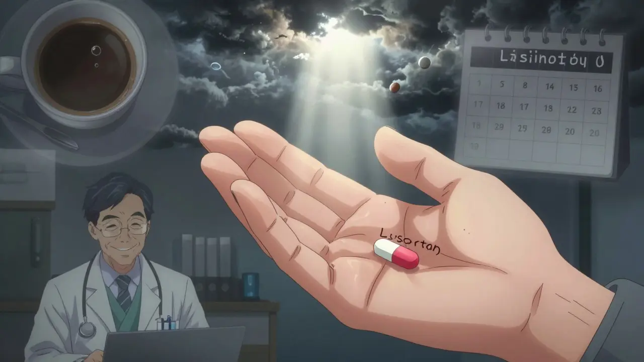 Patient holding two pills—one unavailable, one alternative—with memories fading into a hopeful light.