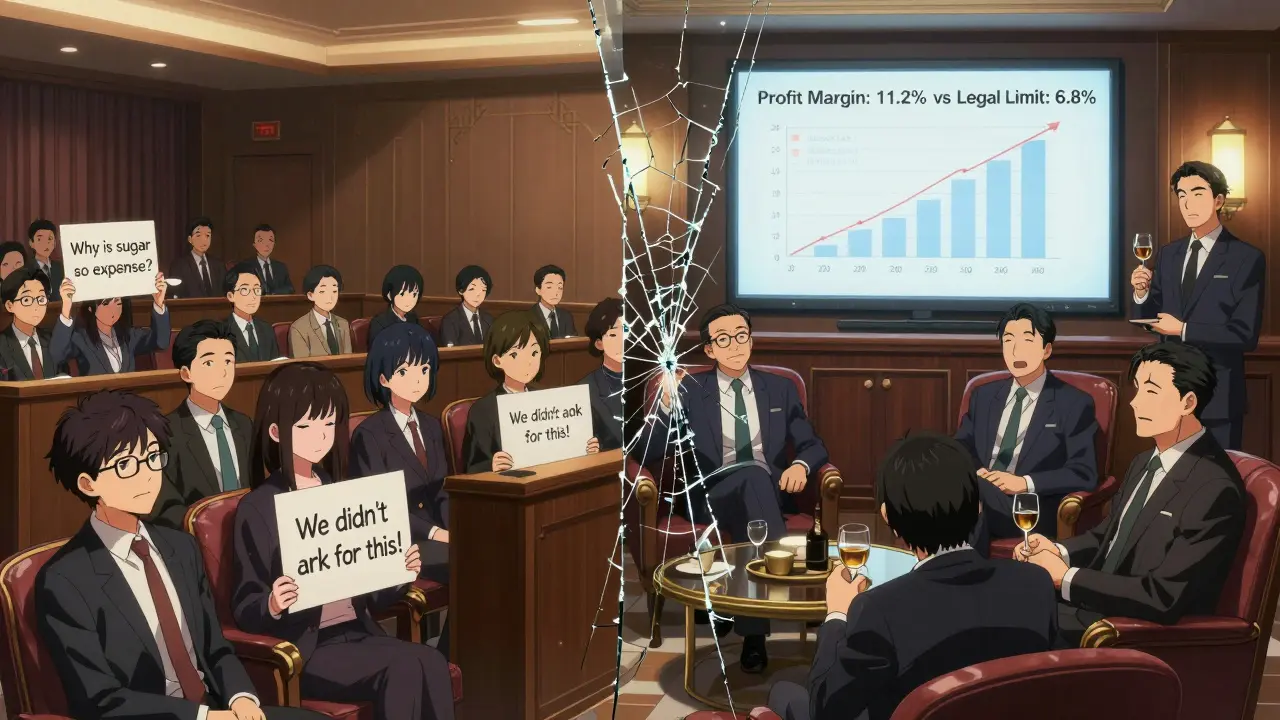 Split scene: weary citizens at a public hearing vs. executives and regulators in a luxurious private meeting with inflated profit graphs.
