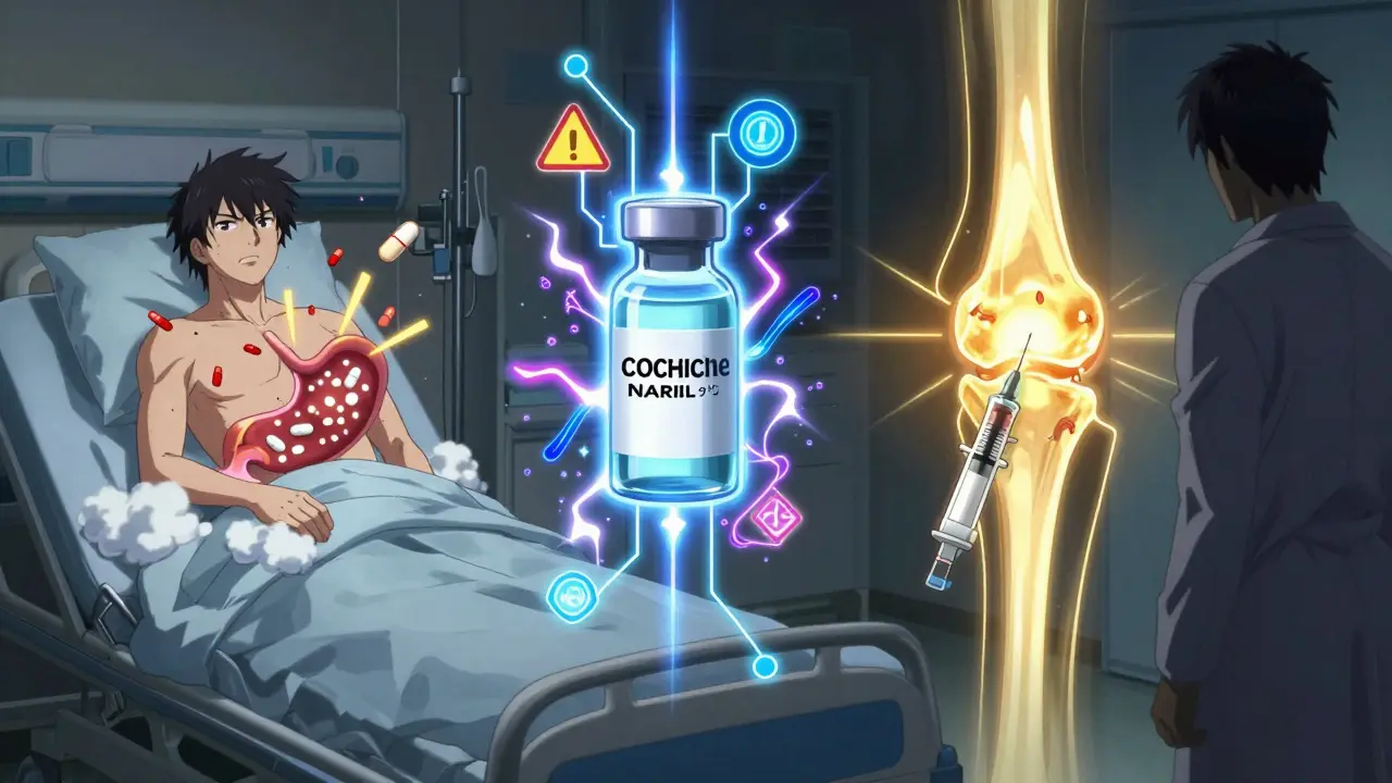 Three glowing medical treatment pathways—NSAIDs, colchicine, and steroids—represented as neon circuits with warning symbols above a hospital bed.