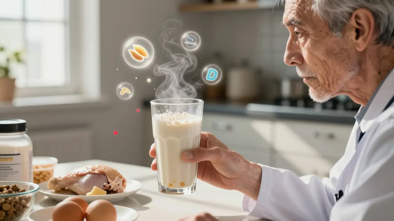 A COPD patient receiving a protein shake with nutrient icons floating nearby, symbolizing targeted muscle repair through nutrition.