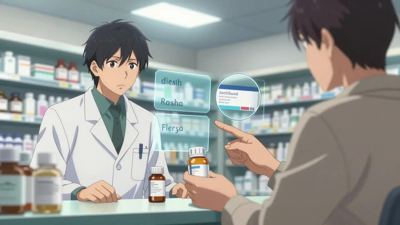 A patient and pharmacist at a pharmacy counter, patient pointing at a pill bottle with questioning expression.