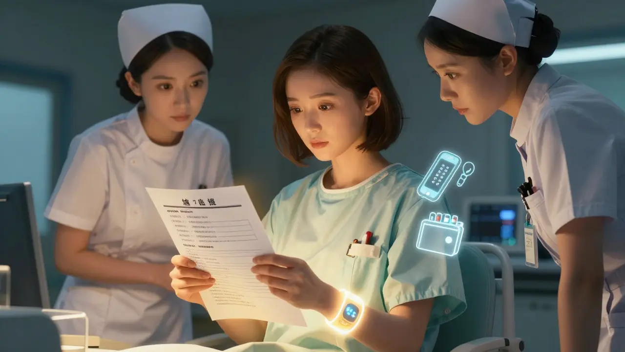 A patient in an emergency room holding a printed medication list, glowing medical ID bracelet visible on wrist.