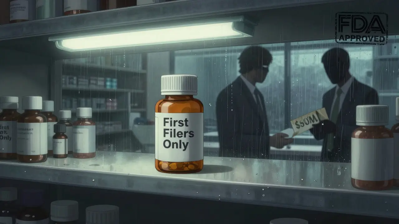 A pharmacy shelf with one dominant generic drug bottle, while a shadowy figure exchanges money, symbolizing delayed market entry.