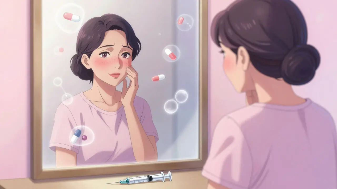 A woman sees her flushed face in a mirror, surrounded by floating medication molecules, symbolizing hormone therapy side effects.