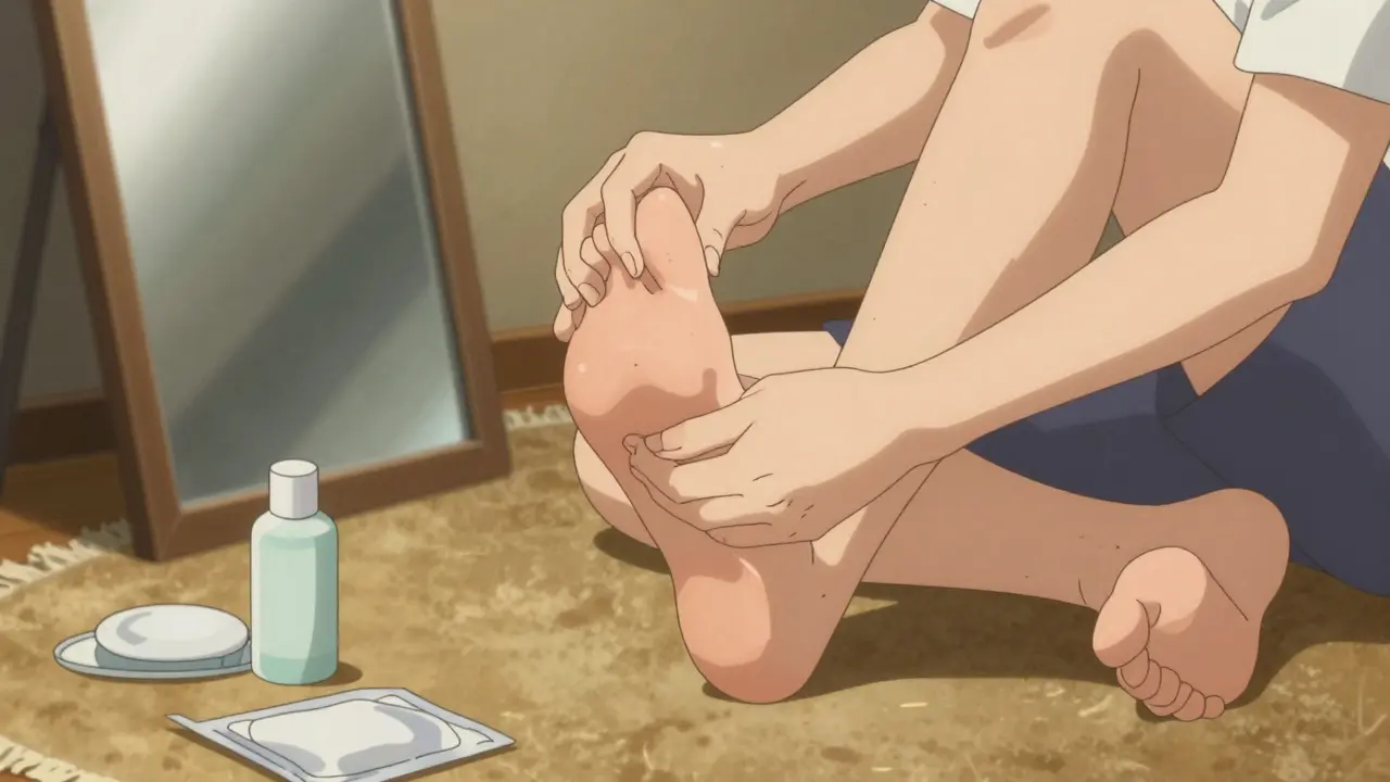 Anime illustration of a person inspecting feet for care with a mirror.
