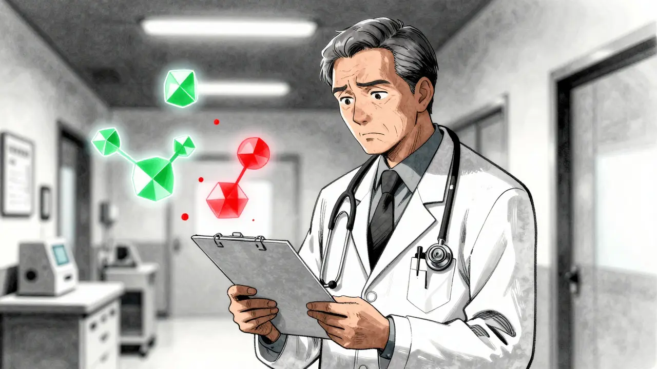 Concerned specialist reviewing medication files with magnifying glass.