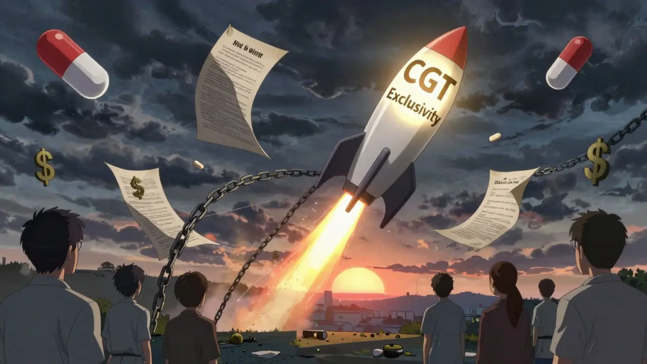 Generic drugs launching toward a sunrise as legal chains break, representing regulatory reform and fair market access.