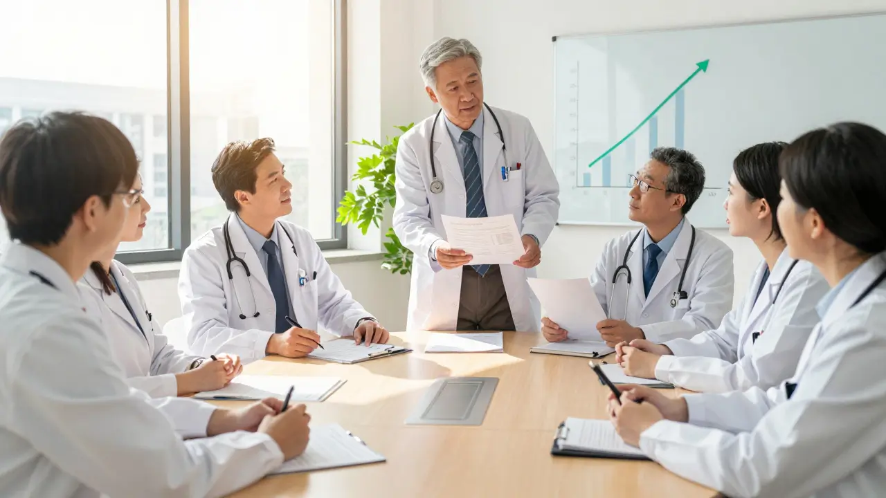 Medical team collaborating during educational workshop session.