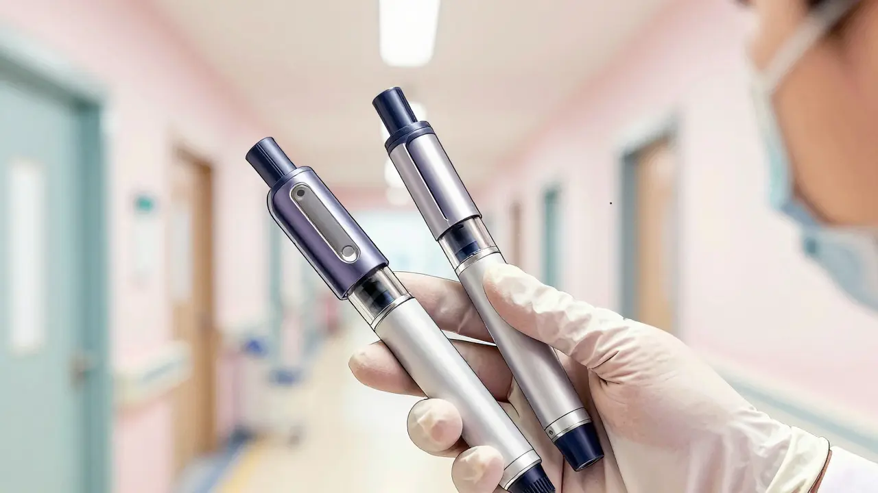 Nurse comparing insulin pens in hospital hallway