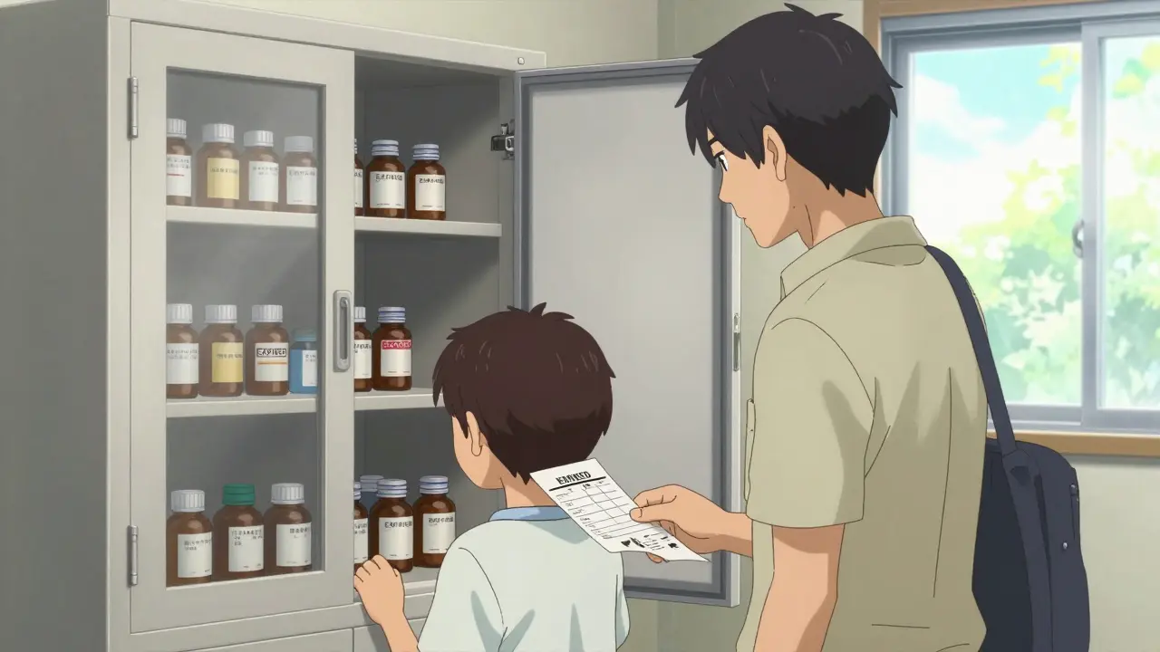 Parent and child pick up expired medication from school cabinet at year's end.