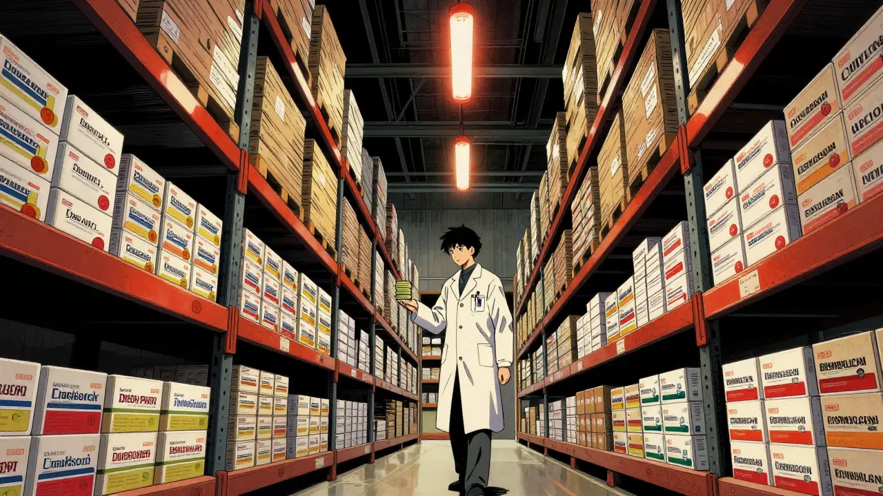 Pharmacist walking through stocked medicine warehouse
