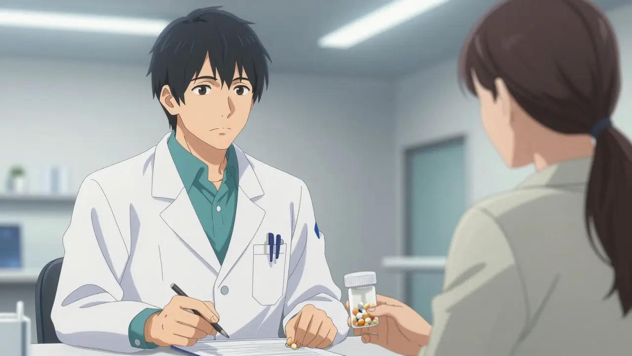Seinen style scene of a doctor discussing medication with a patient.