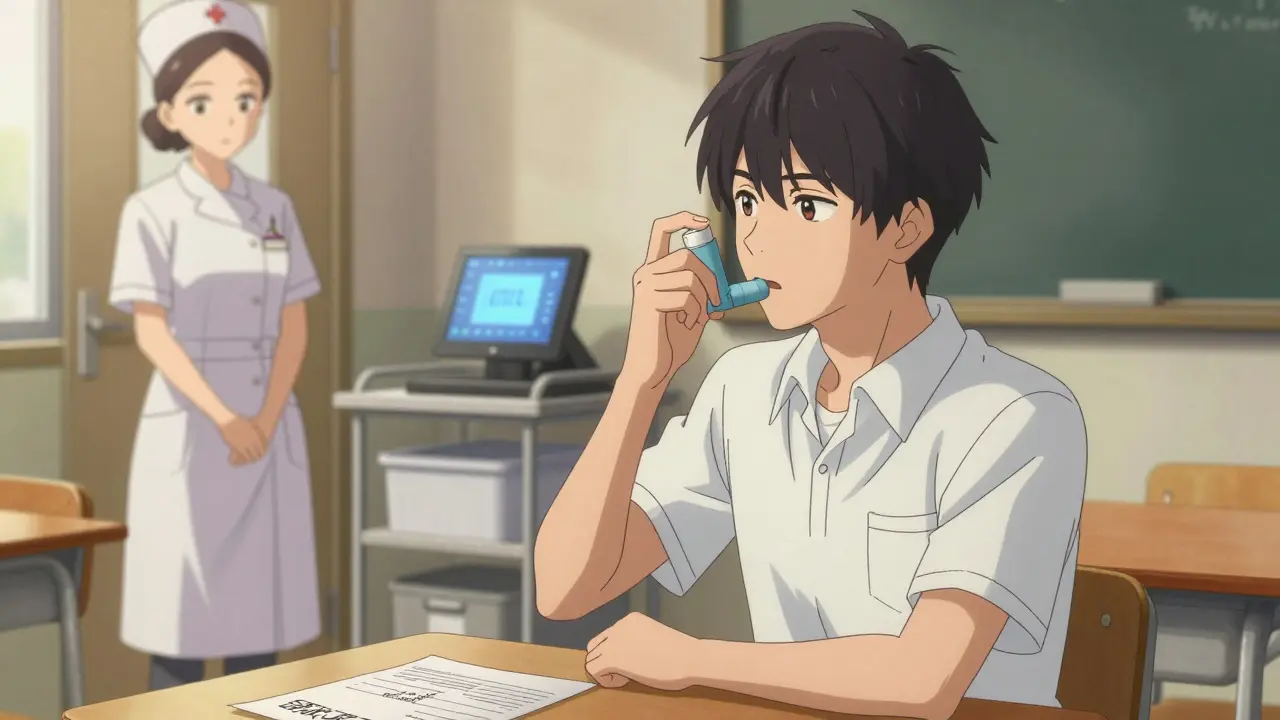 Teenager uses inhaler in class while nurse observes discreetly.