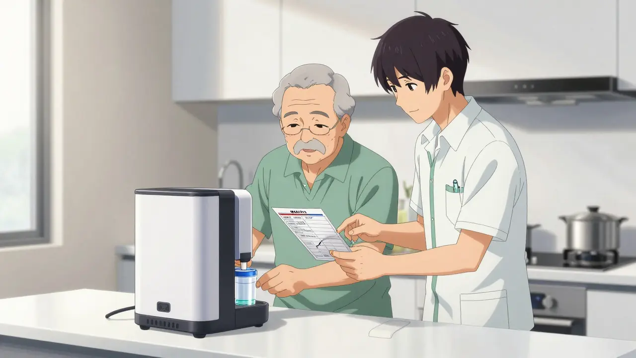 A caregiver helping an elderly person fill an electronic medication dispenser.