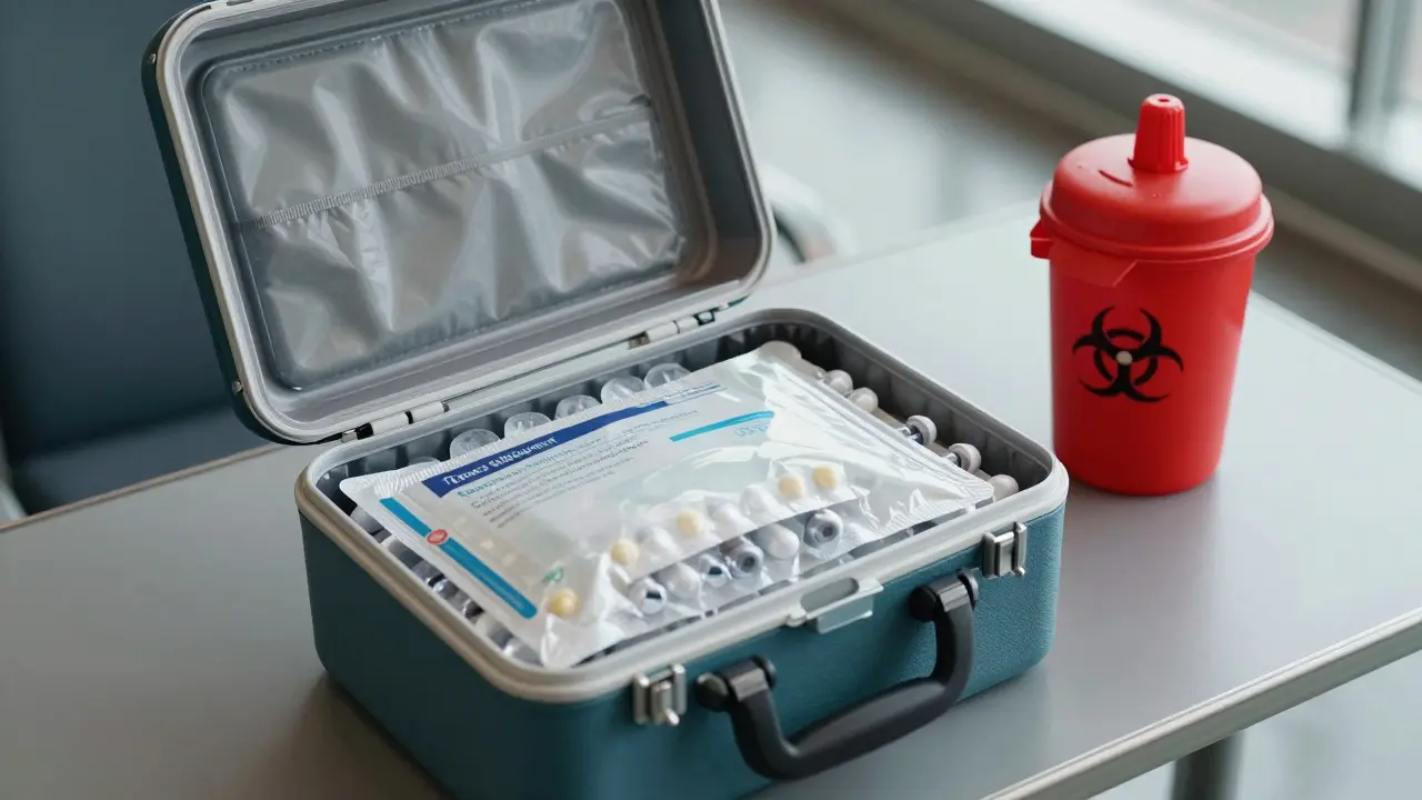 A medical cooling case with gel packs and a red sharps container